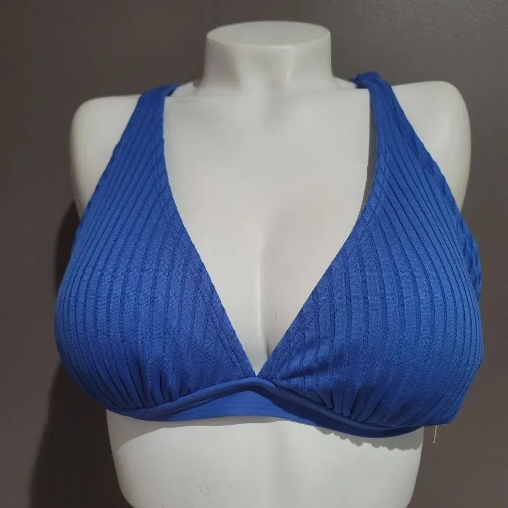 Xhilaration  Blue Ribbed Plung Triangle Bikini Top - Picture 3 of 7